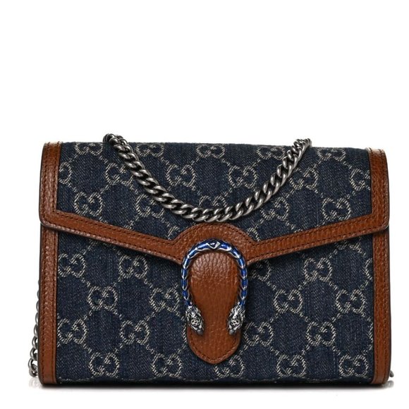 Gucci Dionysus GG Mini Wallet Brown Blue Denim Handbag Silver Chain Bag Italy NW - Picture 1 of 16